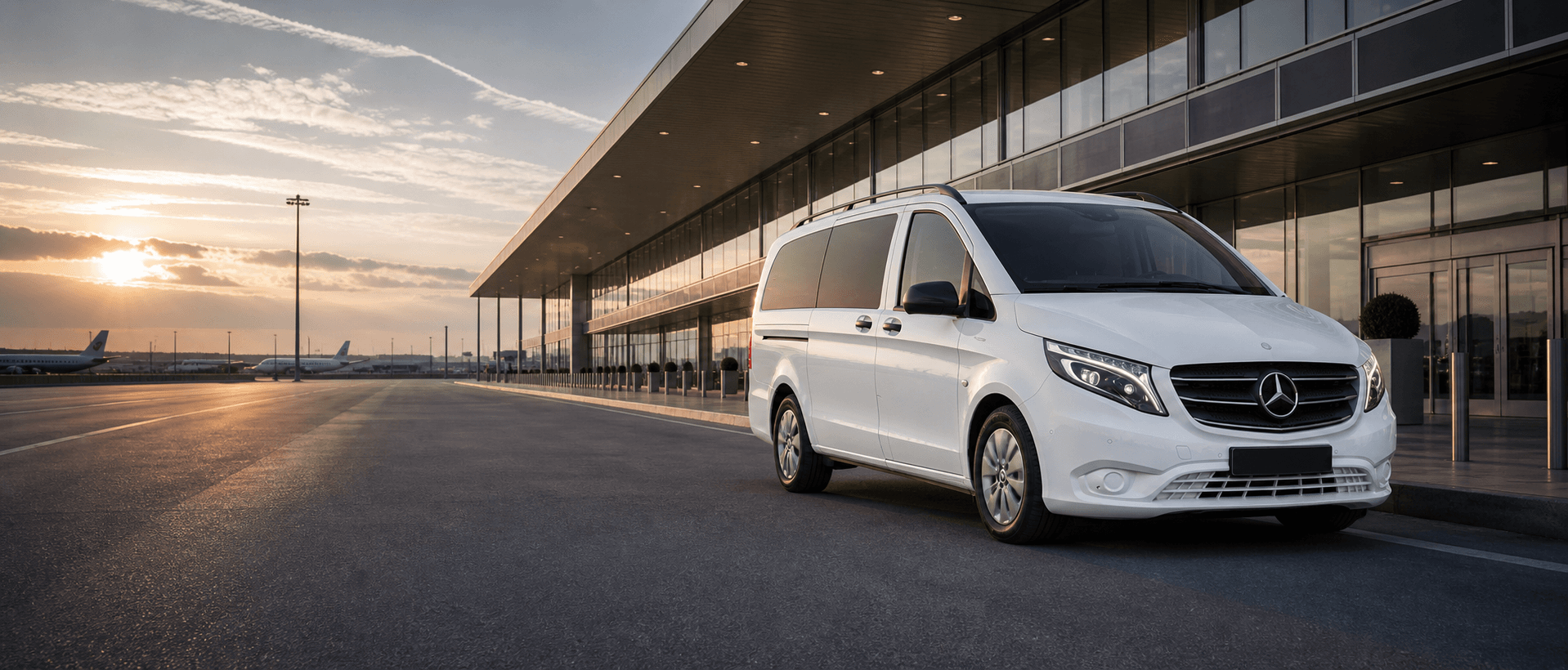 Mercedes-Benz Vito airport transfer van at a modern airport terminal