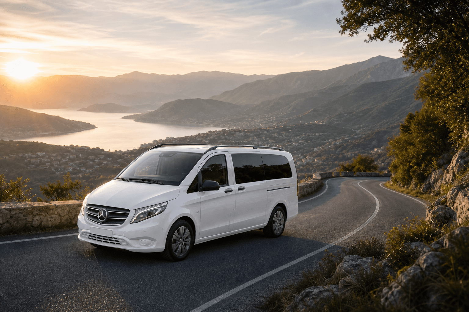 White Mercedes Vito on a scenic Balkan route