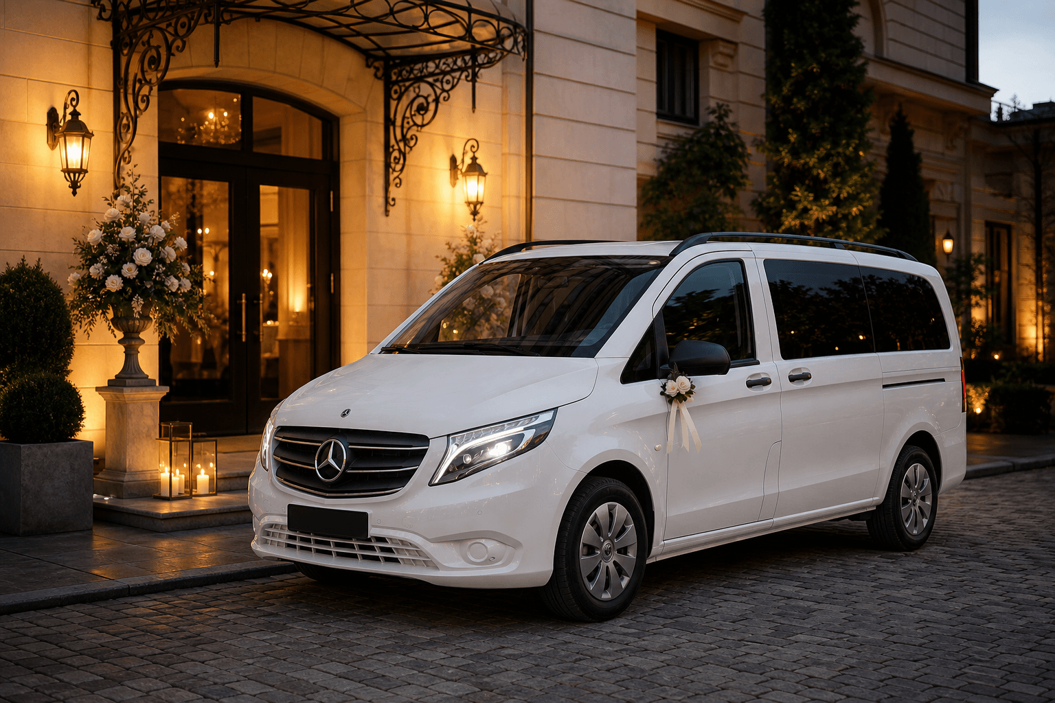 White Mercedes Vito prepared for wedding and event transport